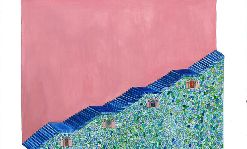 Escalier bleu sur fond rose – 60x50cm 800