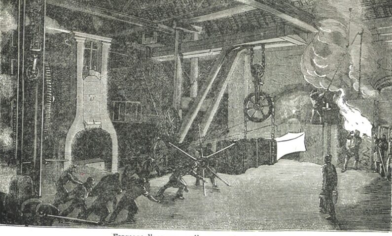 Intérieur d’une grosse forge. Gravure.